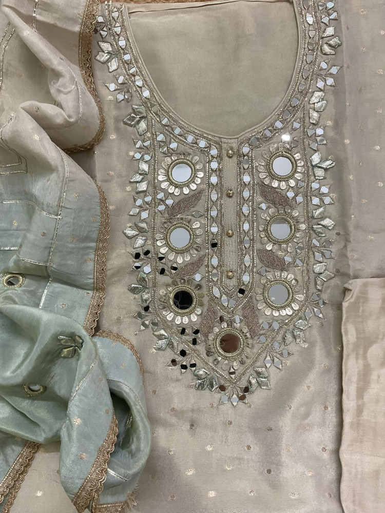 Image of Soft Tissue Cotton Silk Banarasi Weaved Embroidered Suit - Beige