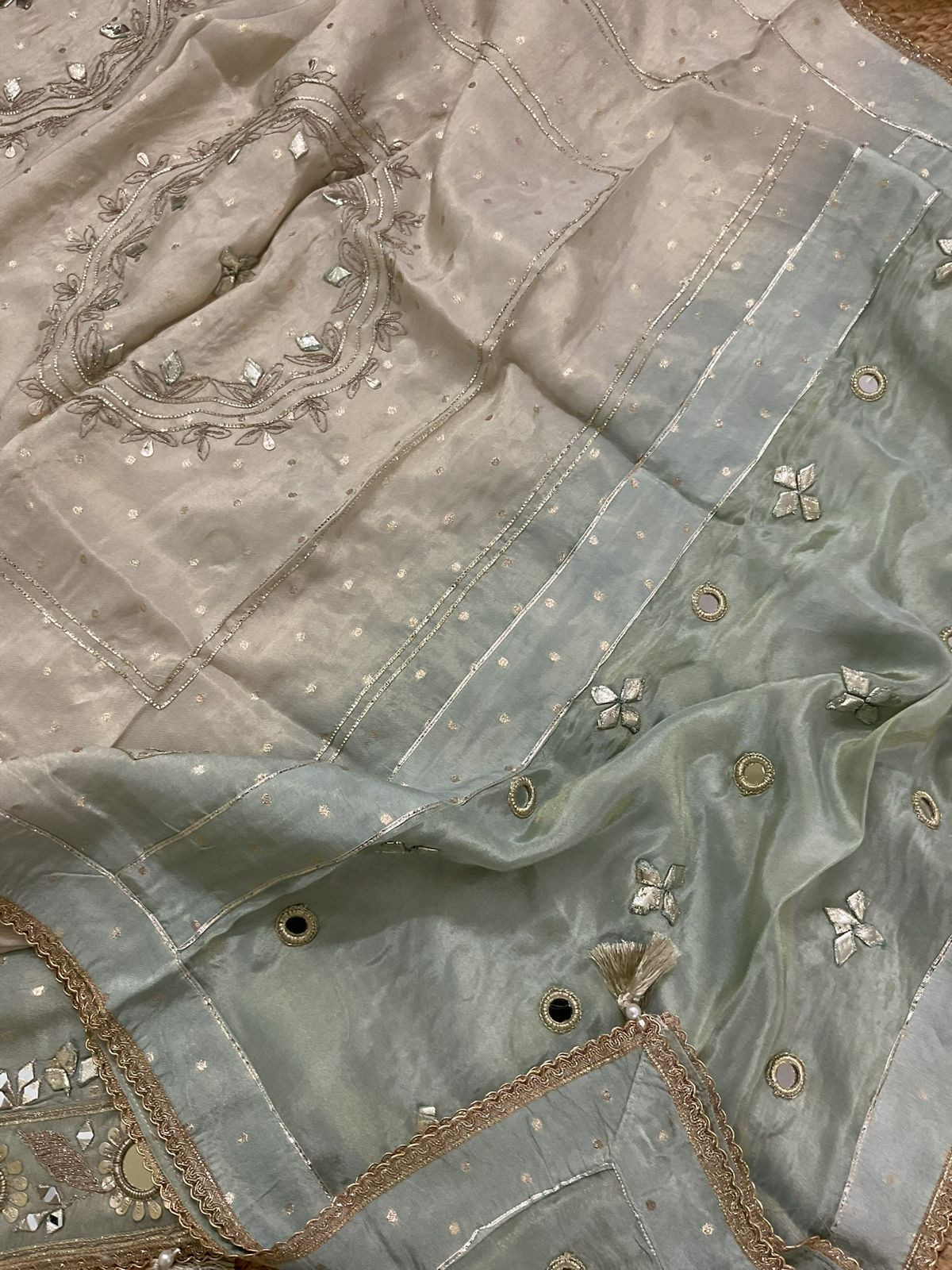 Soft Tissue Cotton Silk Banarasi Weaved Embroidered Suit - Beige