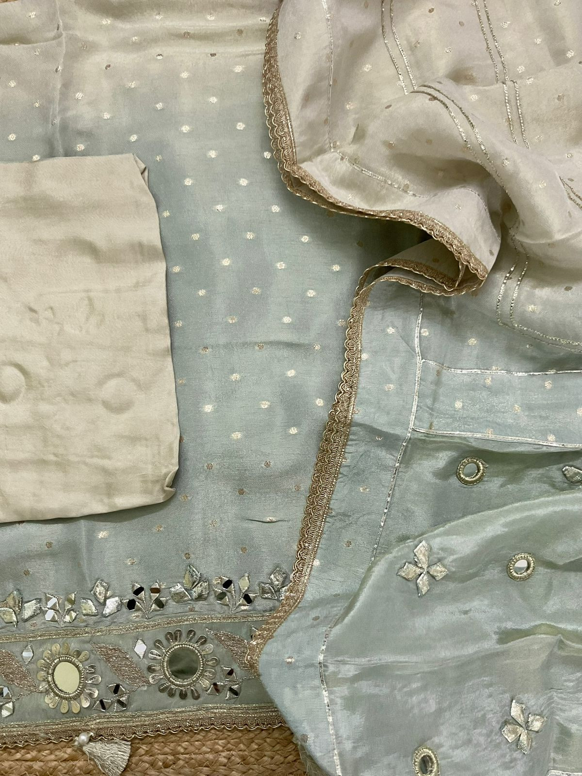 Soft Tissue Cotton Silk Banarasi Weaved Embroidered Suit - Beige