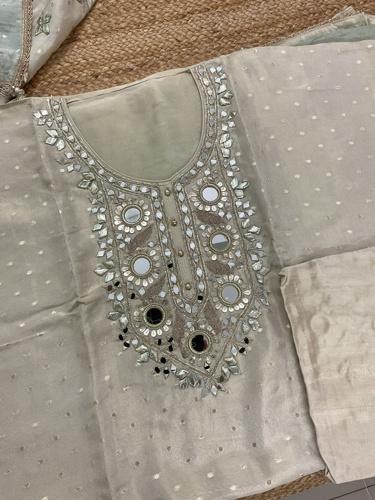 Soft Tissue Cotton Silk Banarasi Weaved Embroidered Suit - Beige