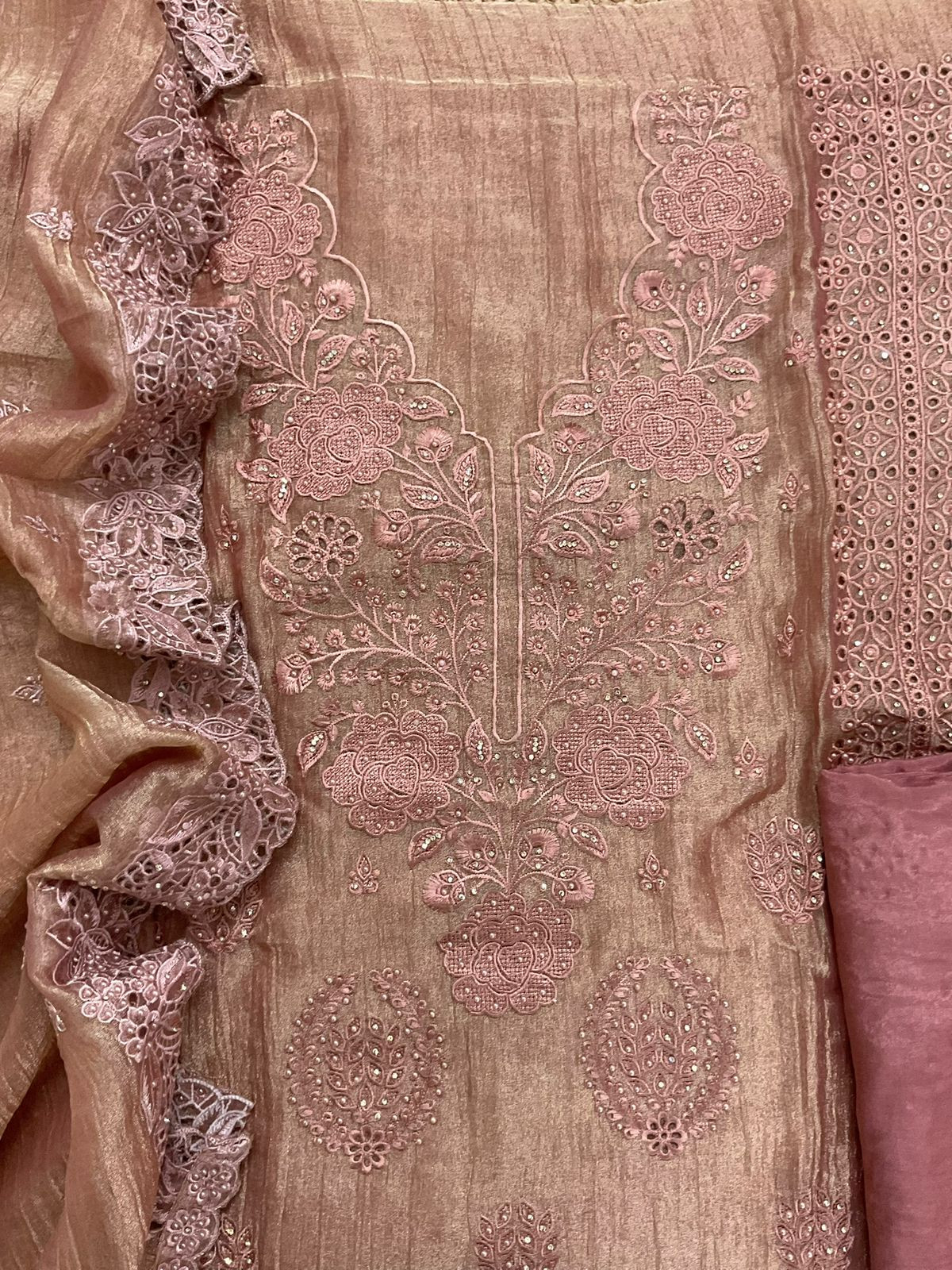 Soft Crushed Tissue Embroidered Suit - Peach