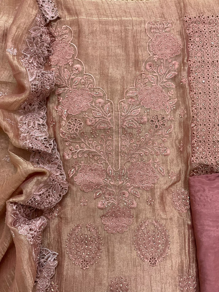 Image of Soft Crushed Tissue Embroidered Suit - Peach