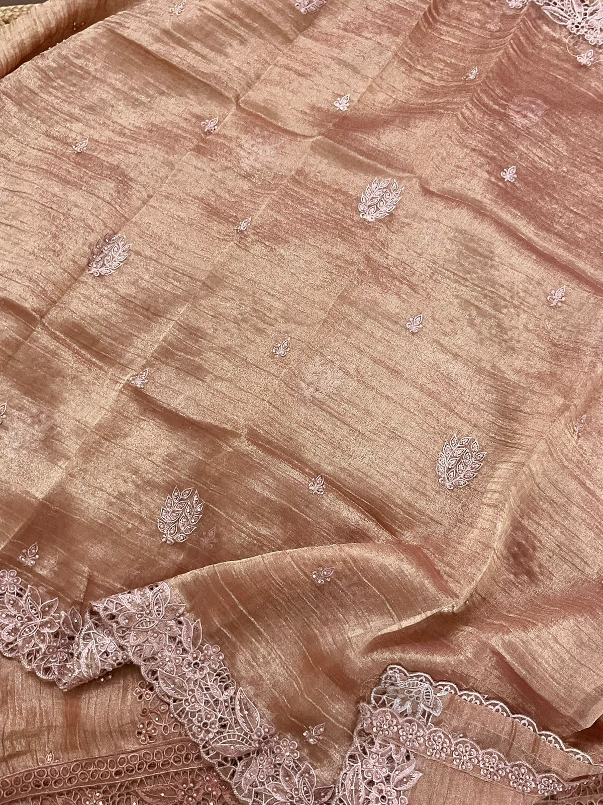 Soft Crushed Tissue Embroidered Suit - Peach