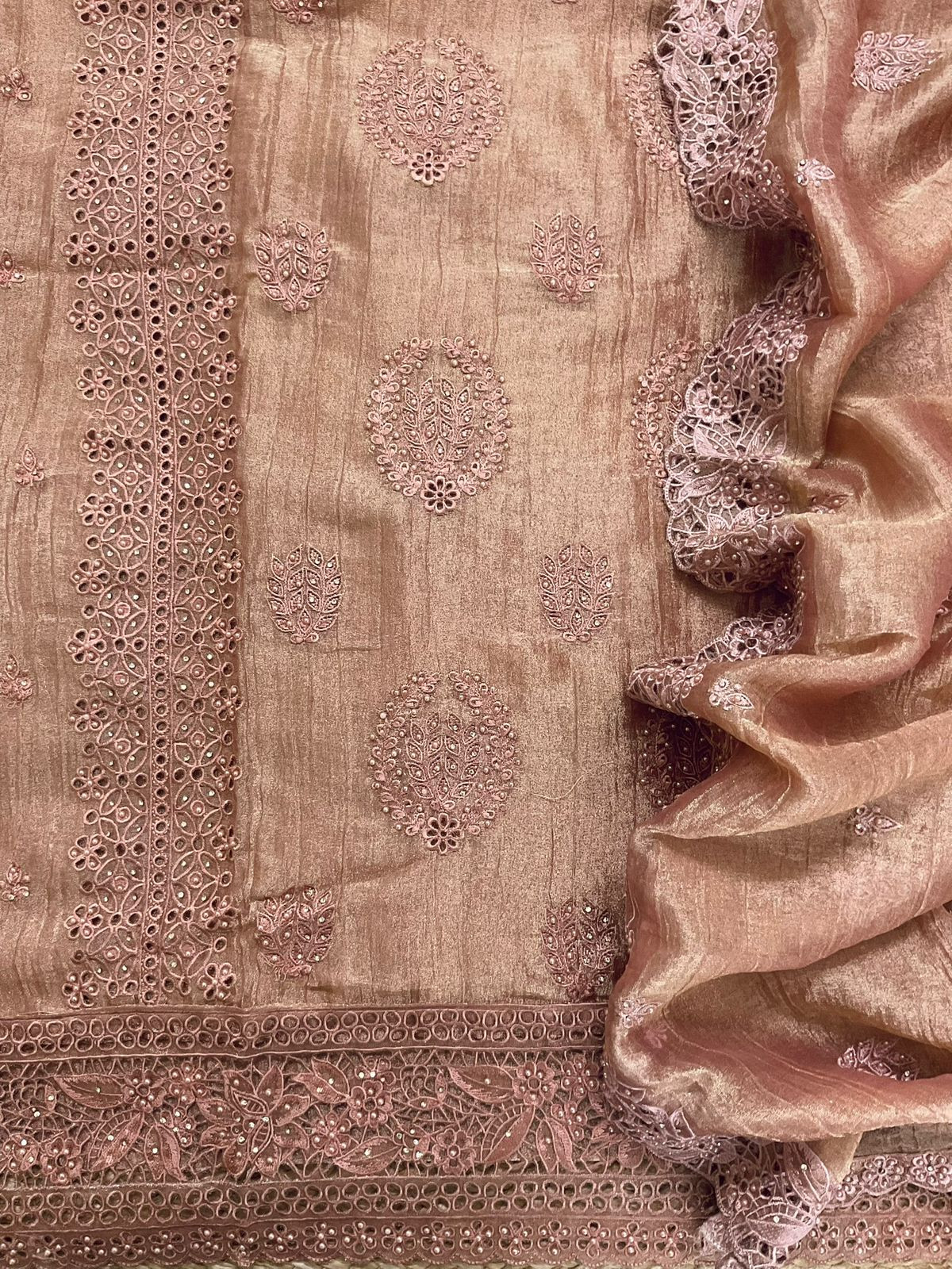 Soft Crushed Tissue Embroidered Suit - Peach