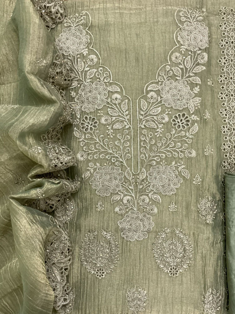 Image of Soft Crushed Tissue Embroidered Suit - Green