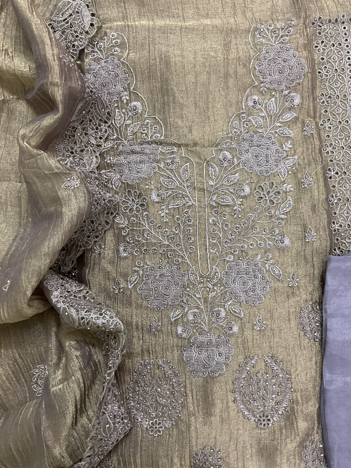 Soft Crushed Tissue Embroidered Suit - Purple