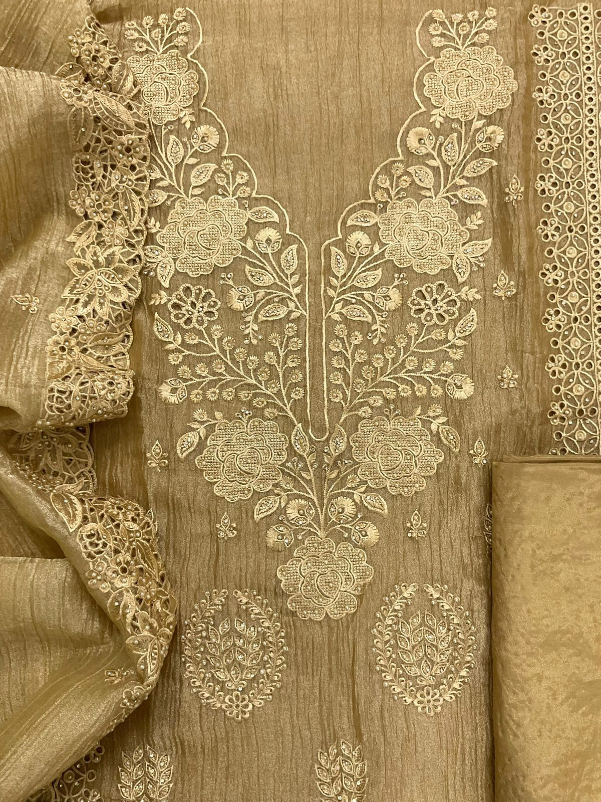 Soft Crushed Tissue Embroidered Suit - Yellow
