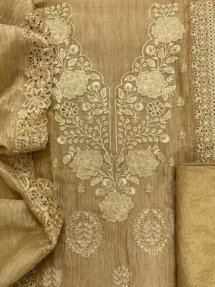 Image of Soft Crushed Tissue Embroidered Suit - Yellow