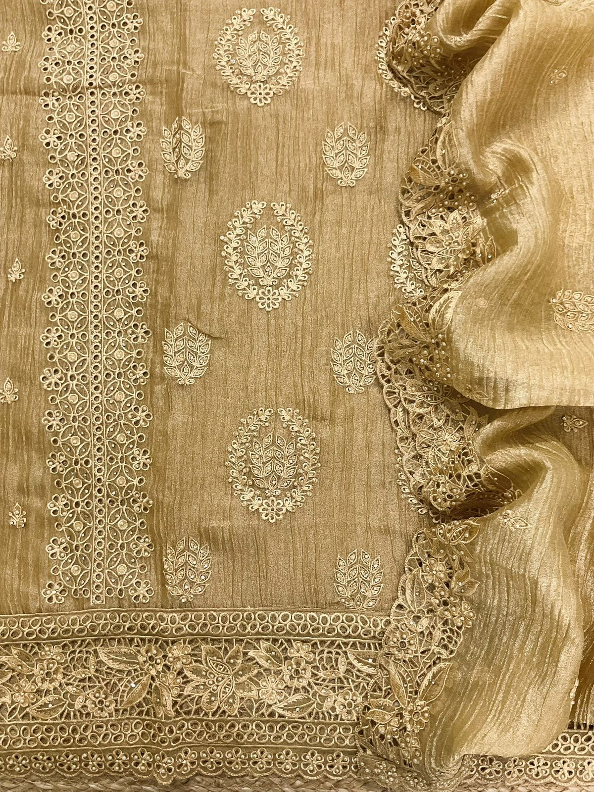 Soft Crushed Tissue Embroidered Suit - Yellow