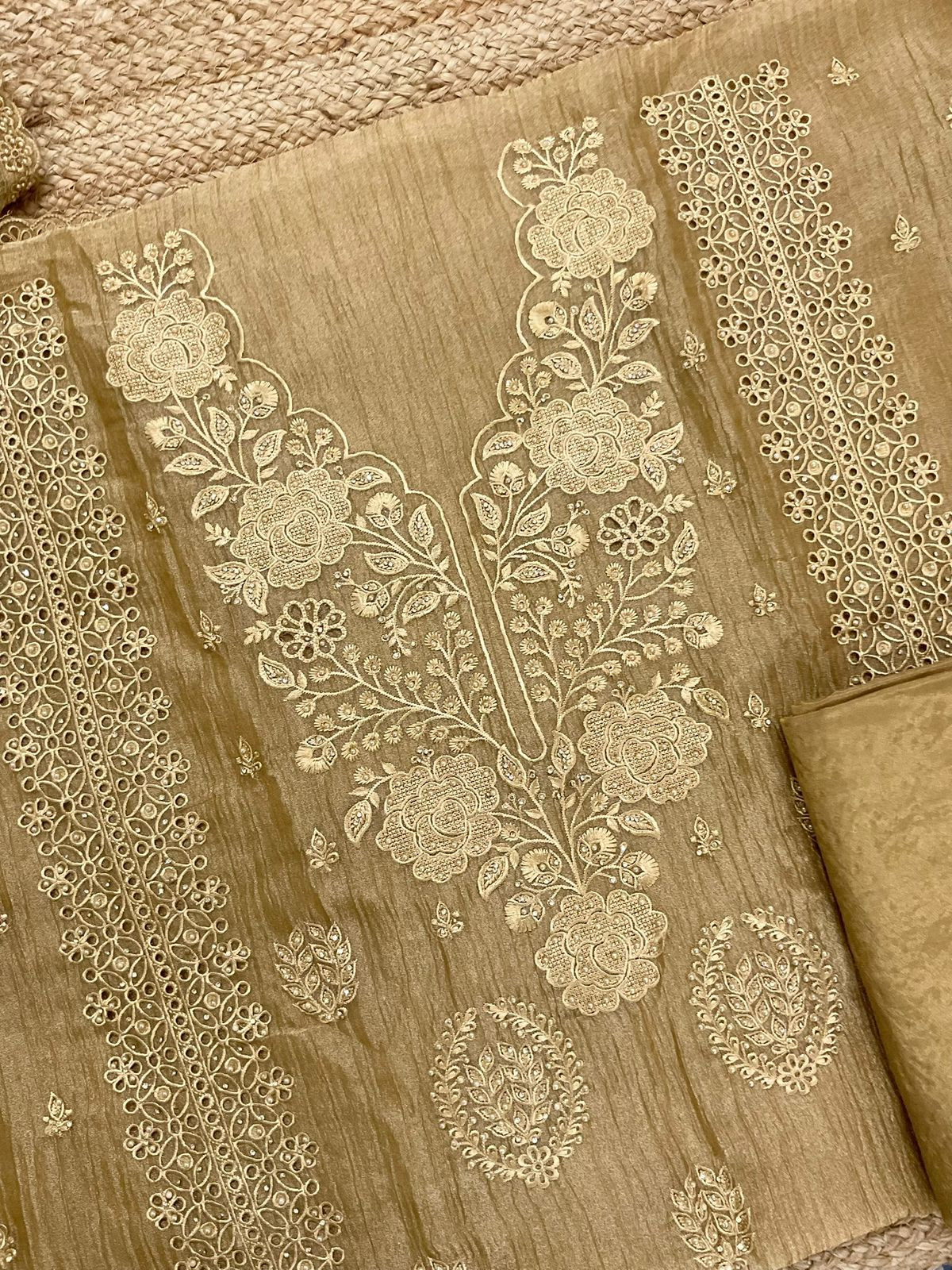 Soft Crushed Tissue Embroidered Suit - Yellow