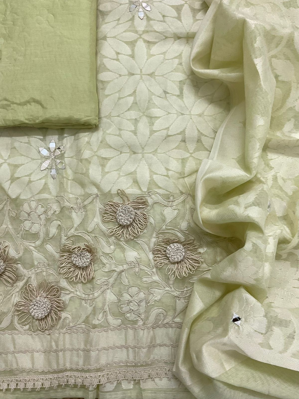 Pure Fine Supernet Self Weaved Embroidered Suit - Green