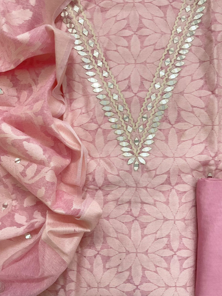 Image of Pure Fine Supernet Self Weaved Embroidered Suit - Pink