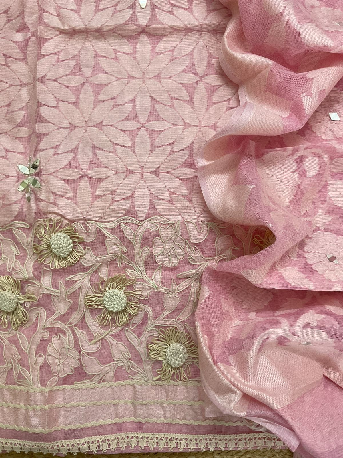 Pure Fine Supernet Self Weaved Embroidered Suit - Pink