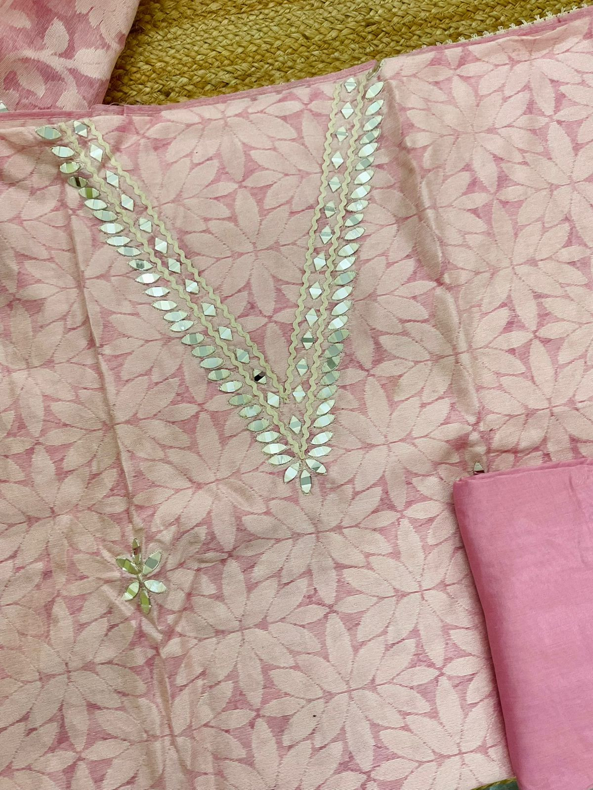 Pure Fine Supernet Self Weaved Embroidered Suit - Pink
