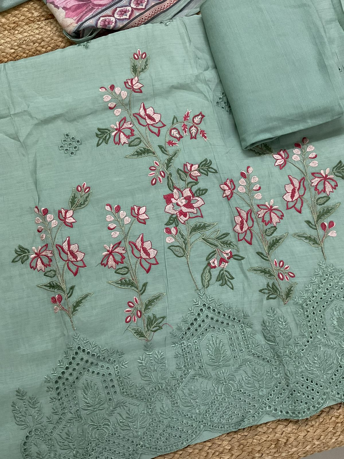 Soft Muslin Printed Embroidered Suit - Green
