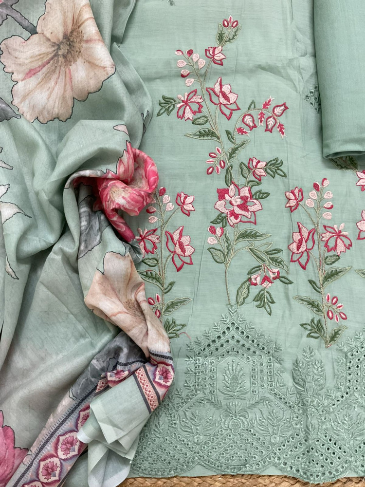 Image of Soft Muslin Printed Embroidered Suit - Green