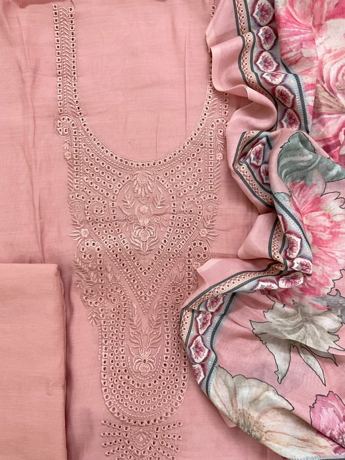 Soft Muslin Printed Embroidered Suit - Pink