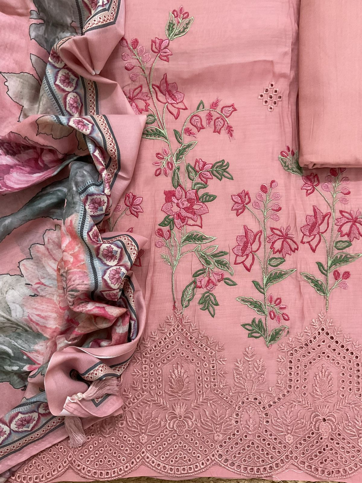 Soft Muslin Printed Embroidered Suit - Pink