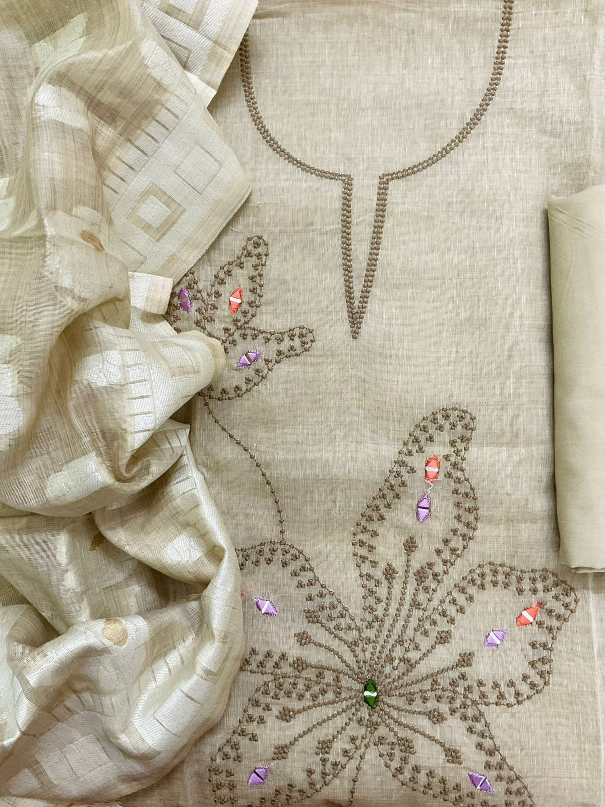 Soft Slub Chanderi Jamdani Weaved Embroidered Suit - Beige