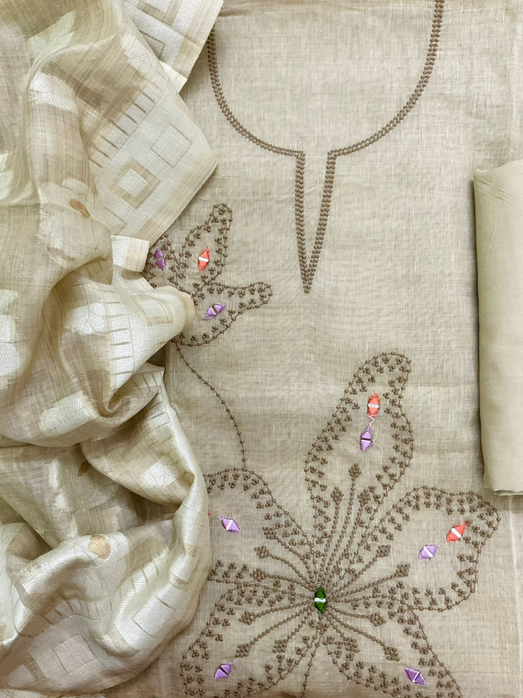 Image of Soft Slub Chanderi Jamdani Weaved Embroidered Suit - Beige