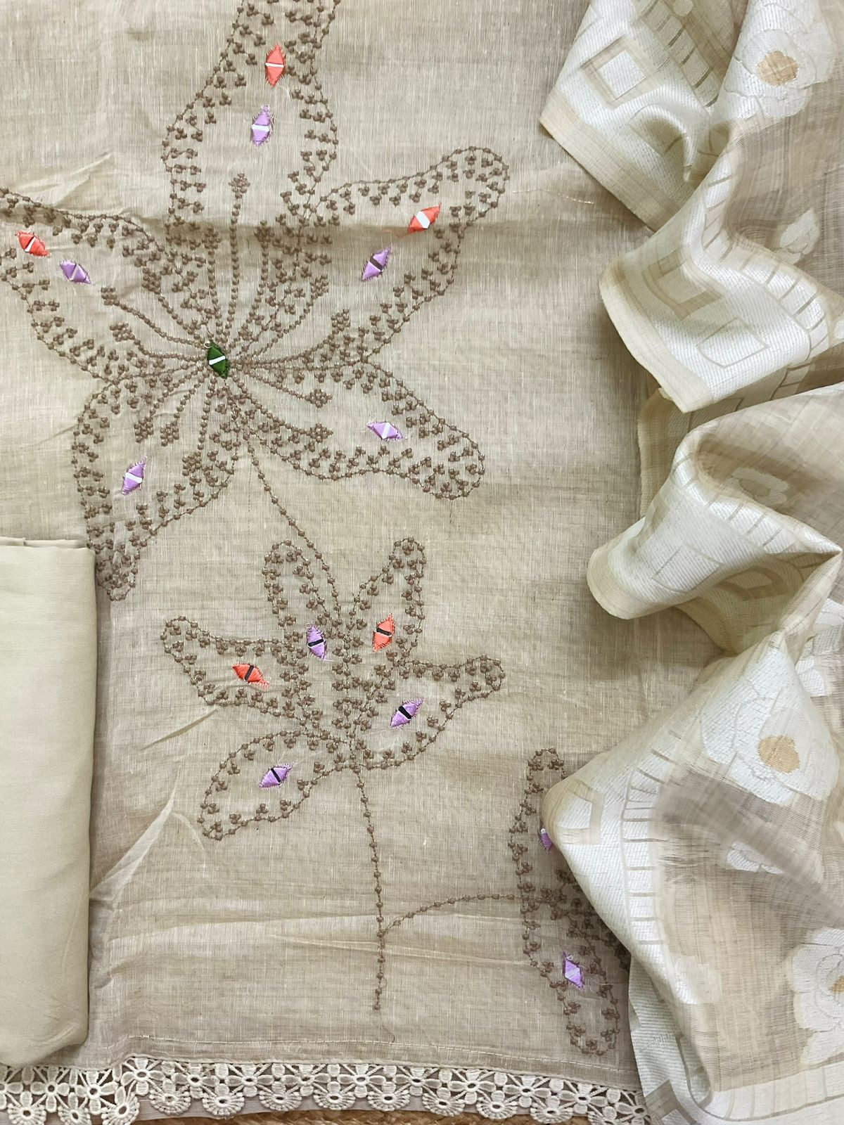 Soft Slub Chanderi Jamdani Weaved Embroidered Suit - Beige
