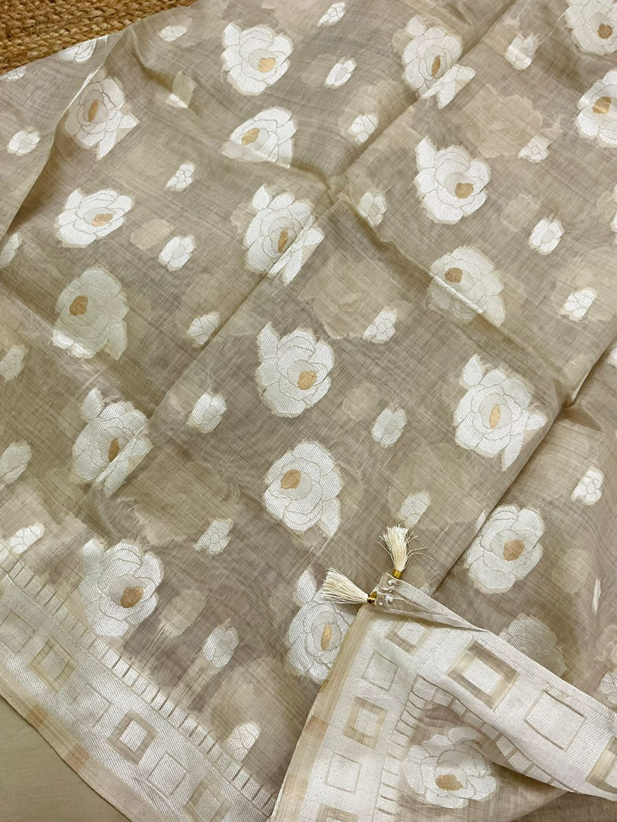 Soft Slub Chanderi Jamdani Weaved Embroidered Suit - Beige
