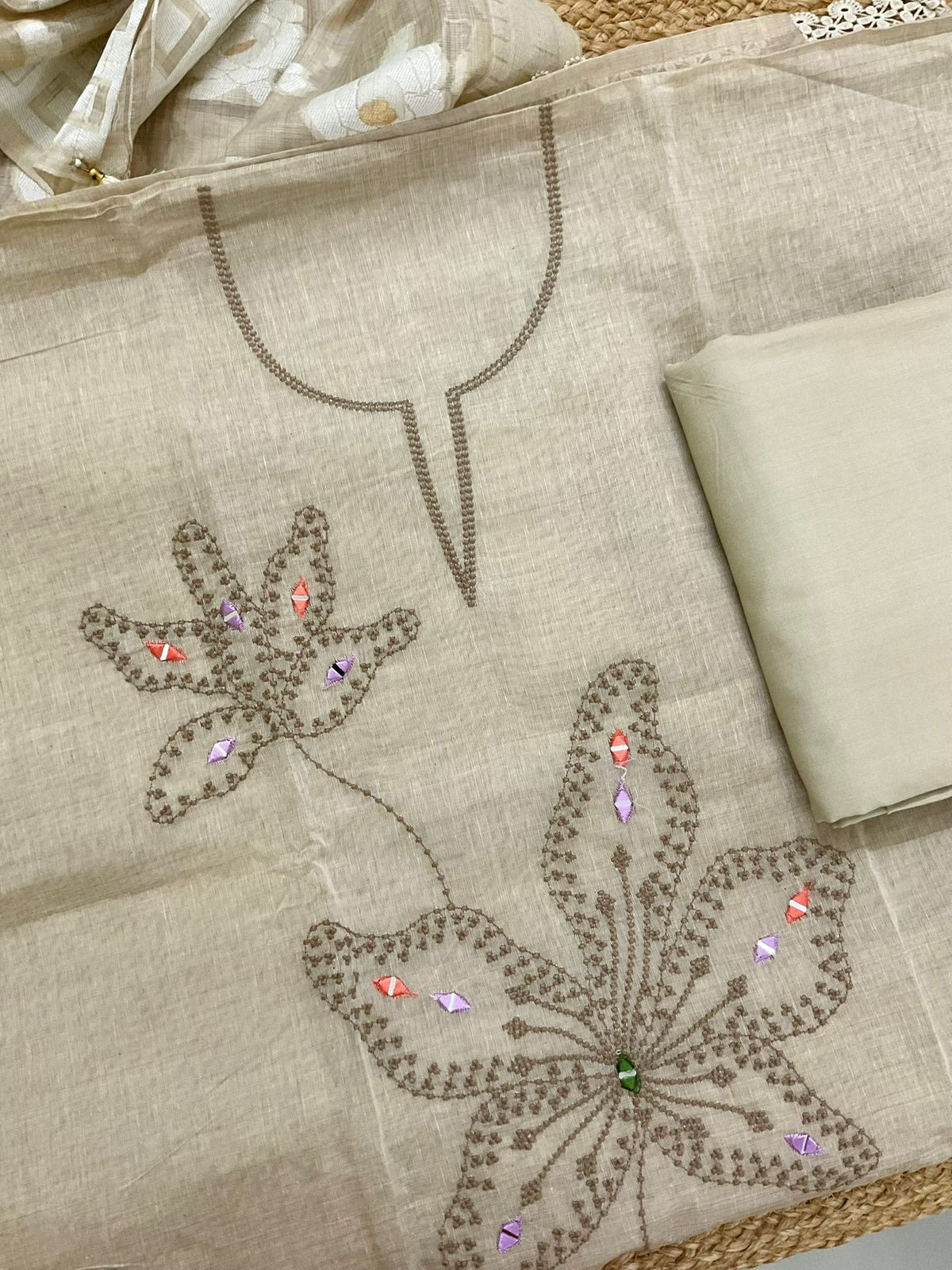 Soft Slub Chanderi Jamdani Weaved Embroidered Suit - Beige