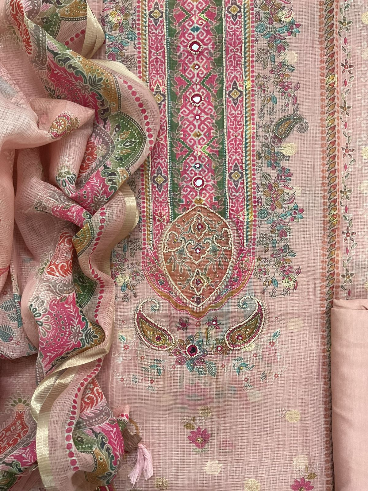 Soft Kota Silk Printed Embroidered Banarasi Weaved Suit - Peach