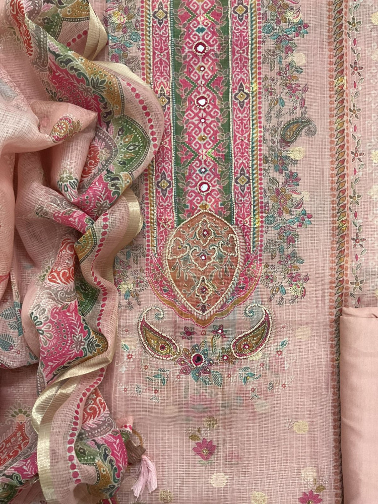 Image of Soft Kota Silk Printed Embroidered Banarasi Weaved Suit - Peach