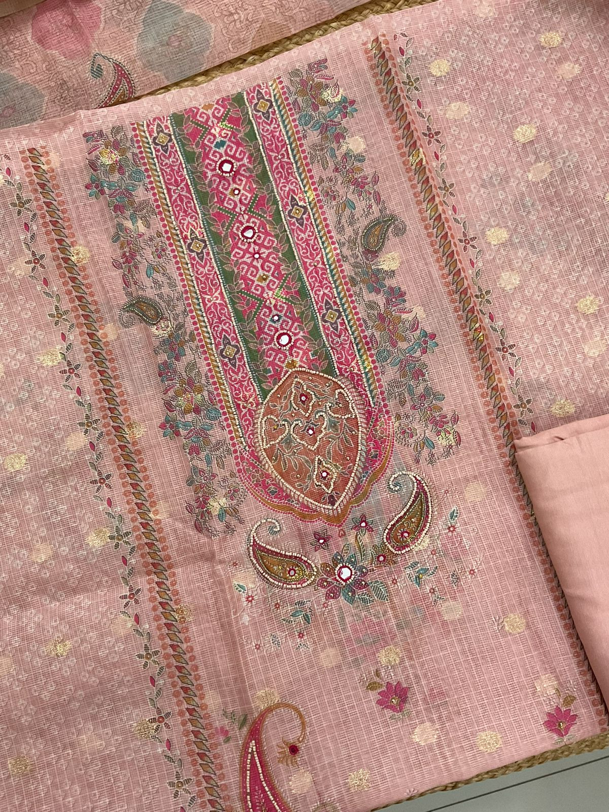 Soft Kota Silk Printed Embroidered Banarasi Weaved Suit - Peach