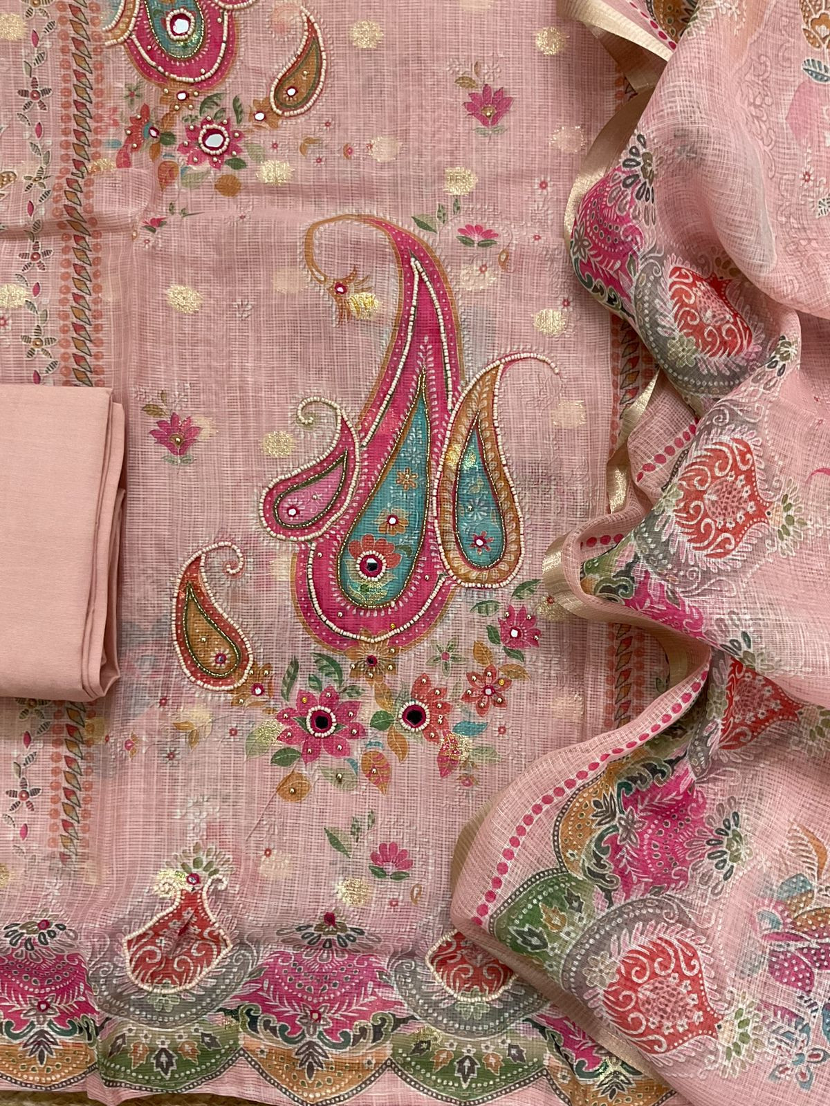 Soft Kota Silk Printed Embroidered Banarasi Weaved Suit - Peach