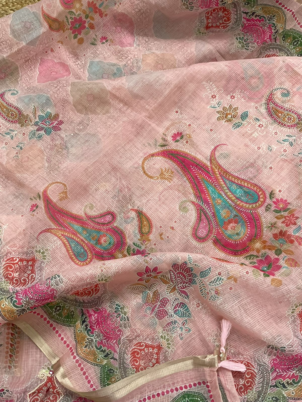 Soft Kota Silk Printed Embroidered Banarasi Weaved Suit - Peach