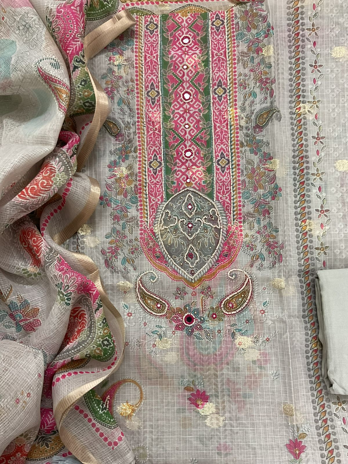 Soft Kota Silk Printed Embroidered Banarasi Weaved Suit - Grey