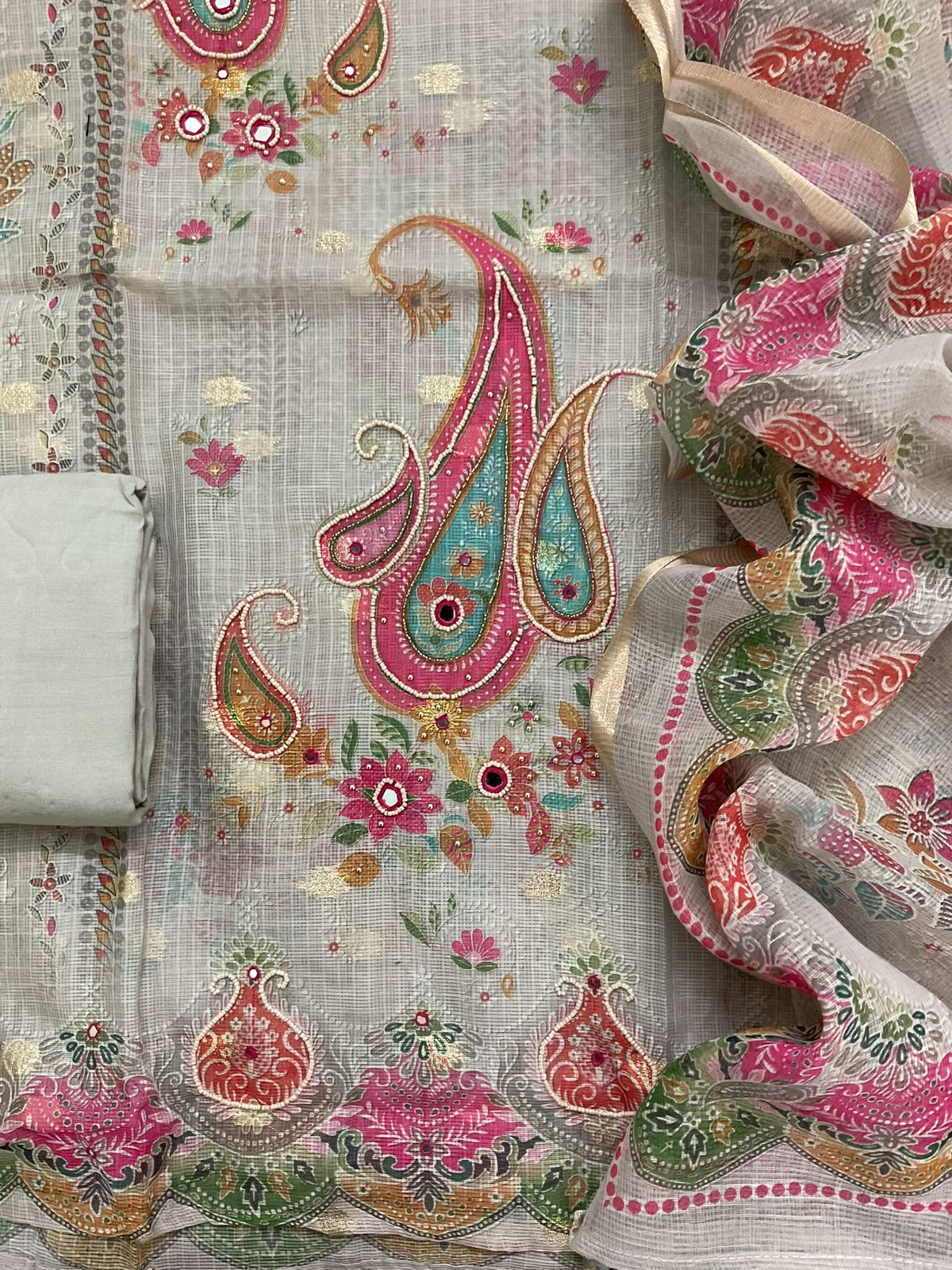 Soft Kota Silk Printed Embroidered Banarasi Weaved Suit - Grey