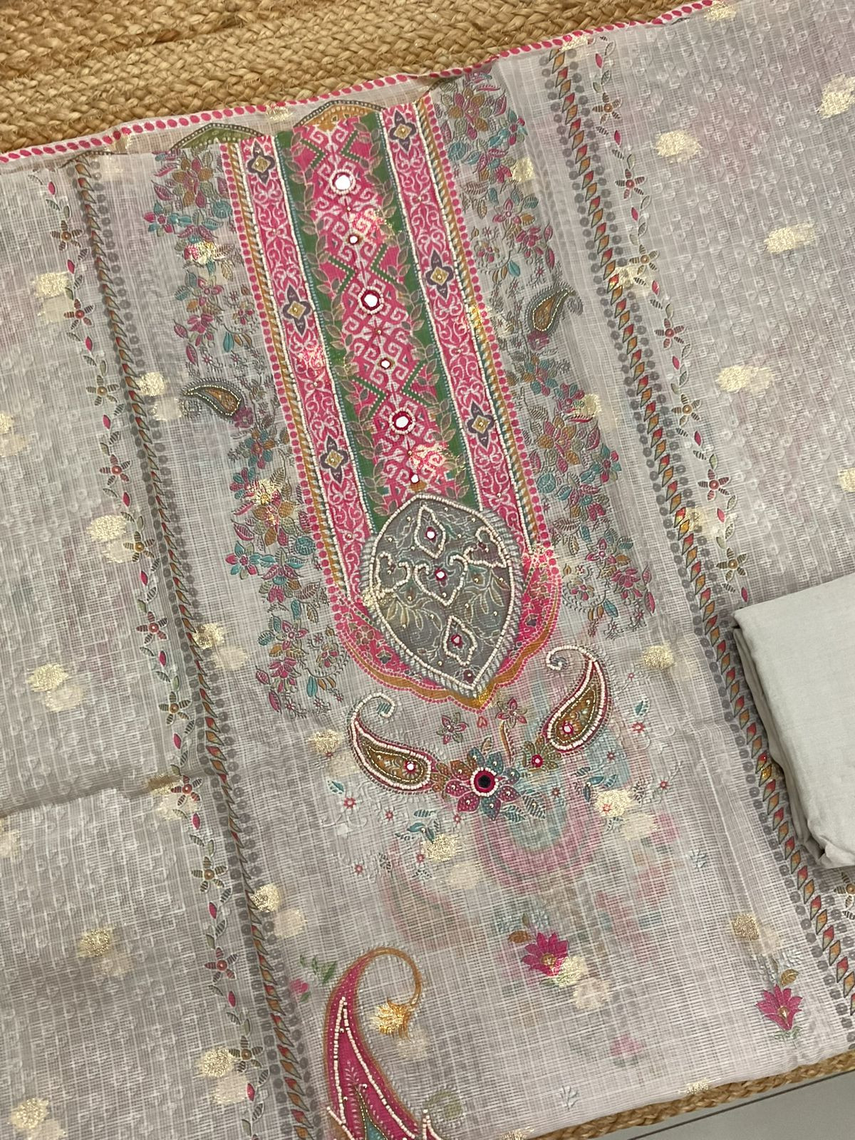 Soft Kota Silk Printed Embroidered Banarasi Weaved Suit - Grey