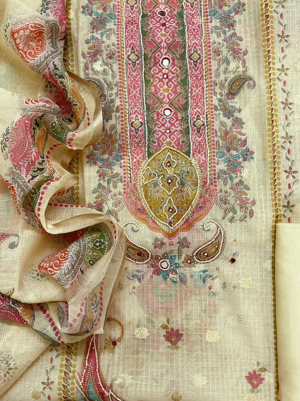 Soft Kota Silk Printed Embroidered Banarasi Weaved Suit - Yellow