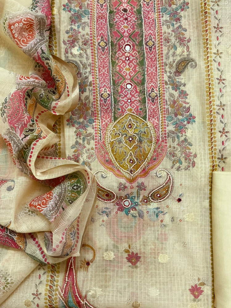 Image of Soft Kota Silk Printed Embroidered Banarasi Weaved Suit - Yellow