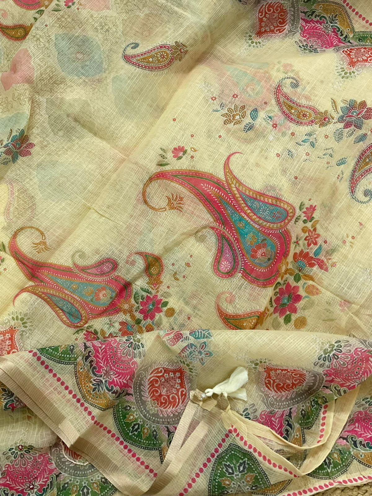Soft Kota Silk Printed Embroidered Banarasi Weaved Suit - Yellow