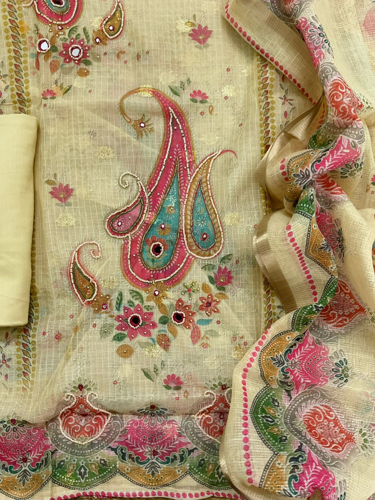 Soft Kota Silk Printed Embroidered Banarasi Weaved Suit - Yellow