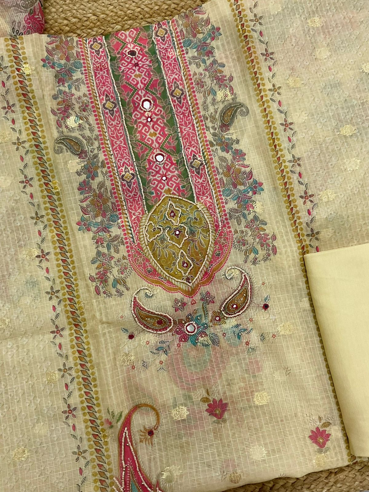 Soft Kota Silk Printed Embroidered Banarasi Weaved Suit - Yellow