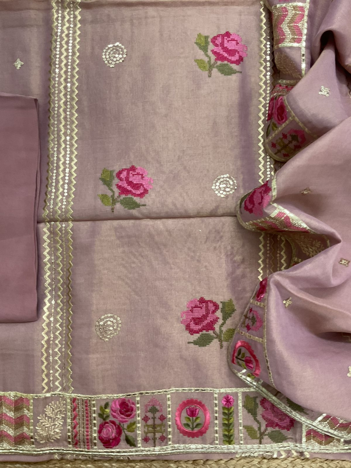 Pure Tissue Chanderi Embroidered Suit - Mauve