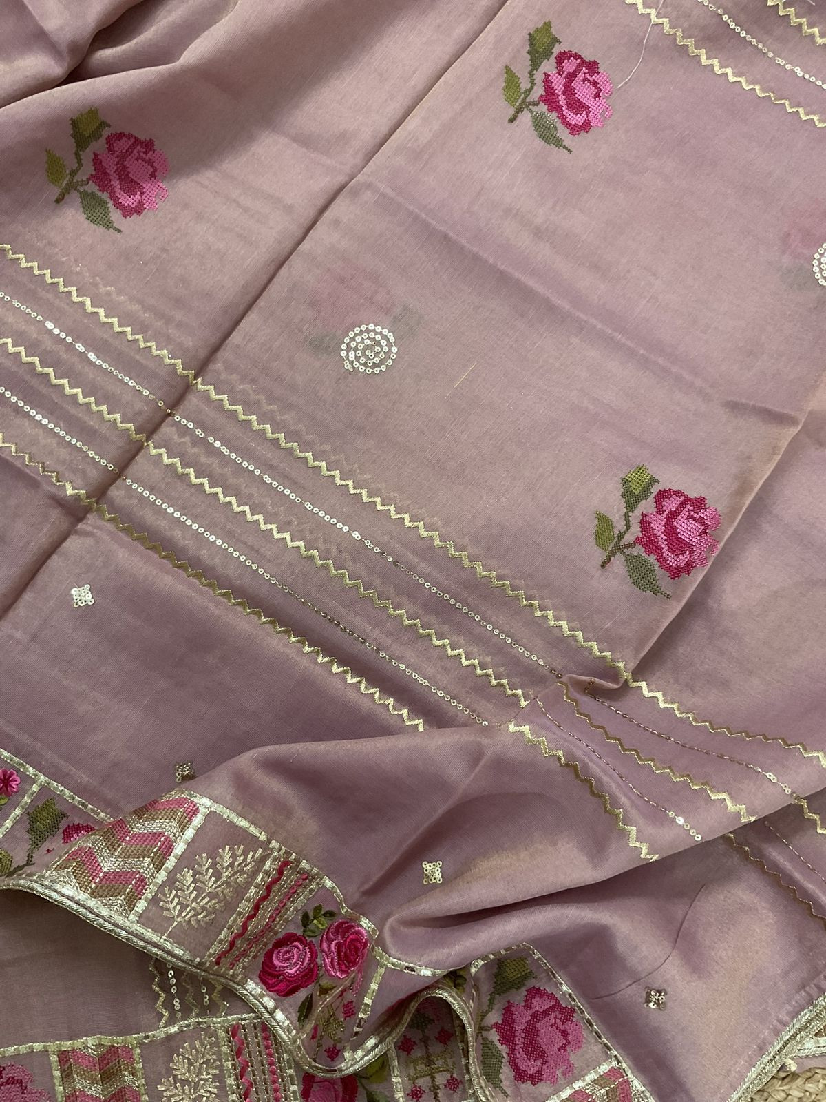 Pure Tissue Chanderi Embroidered Suit - Mauve