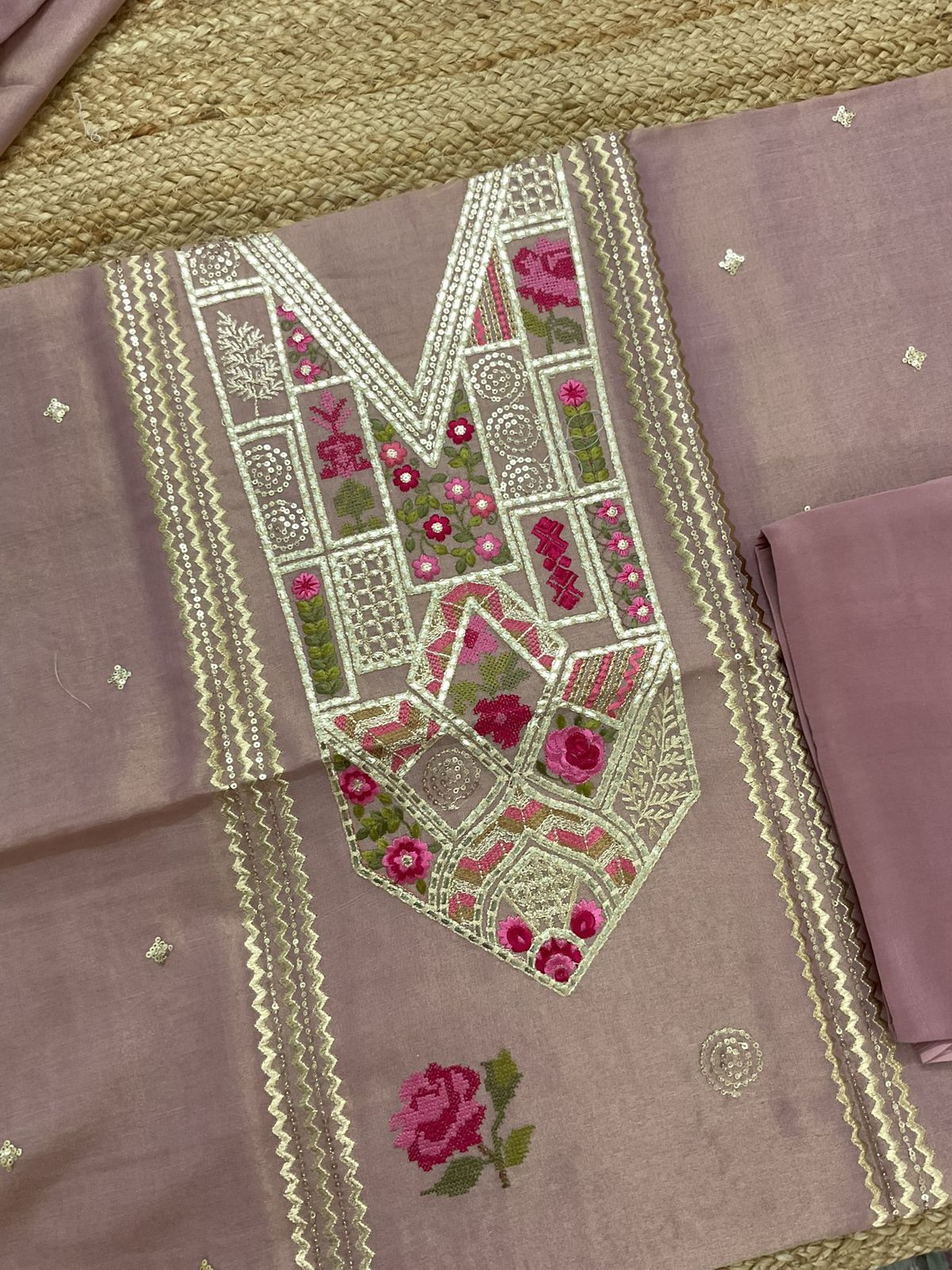 Pure Tissue Chanderi Embroidered Suit - Mauve