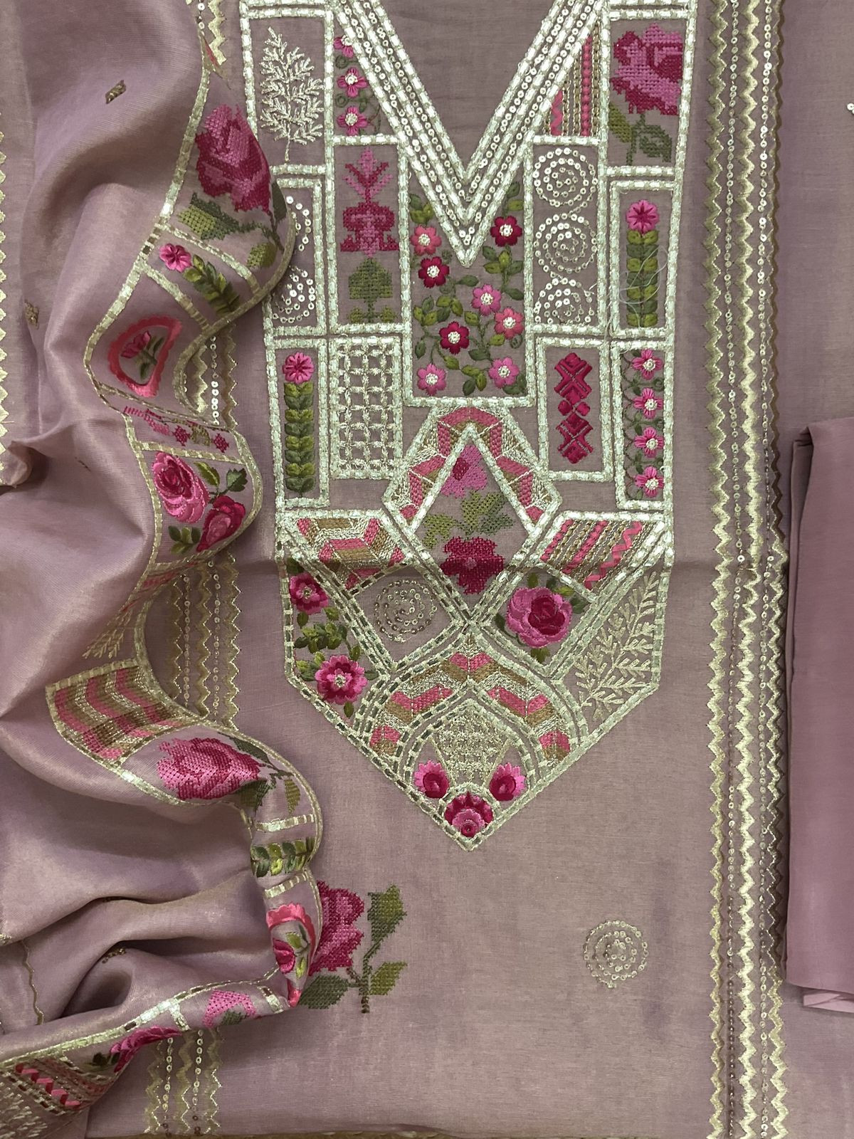 Pure Tissue Chanderi Embroidered Suit - Mauve
