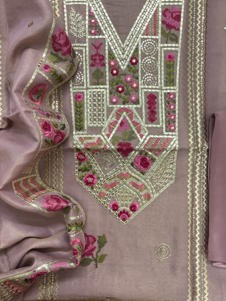 Image of Pure Tissue Chanderi Embroidered Suit - Mauve