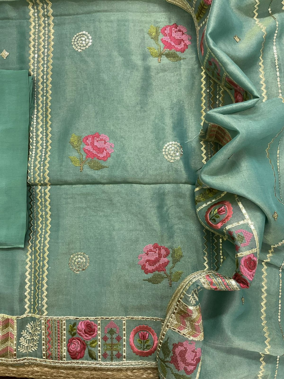 Pure Tissue Chanderi Embroidered Suit - Green