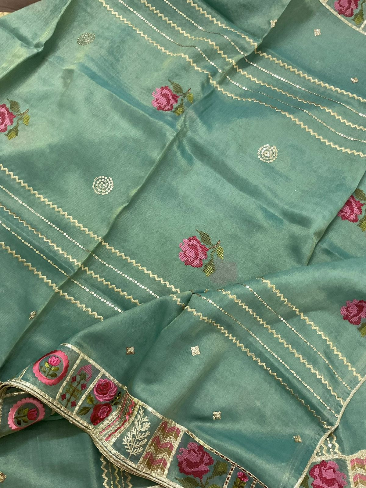Pure Tissue Chanderi Embroidered Suit - Green