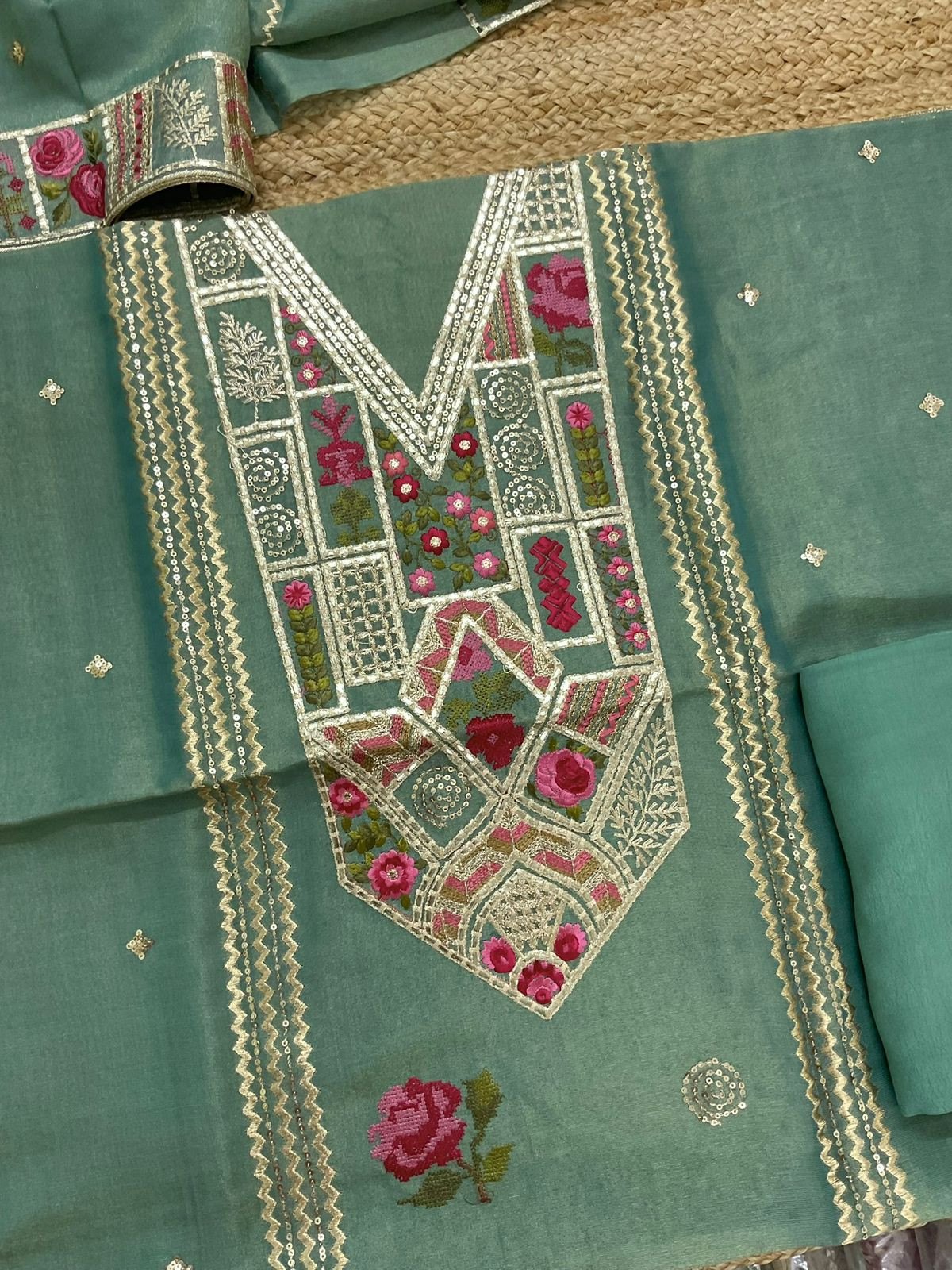 Pure Tissue Chanderi Embroidered Suit - Green