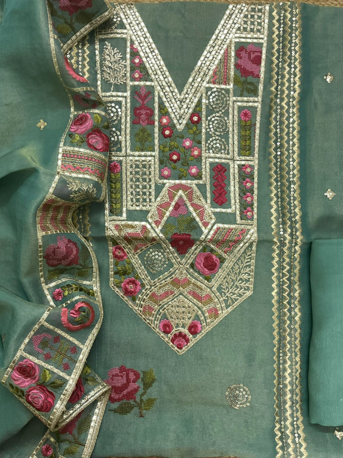 Pure Tissue Chanderi Embroidered Suit - Green