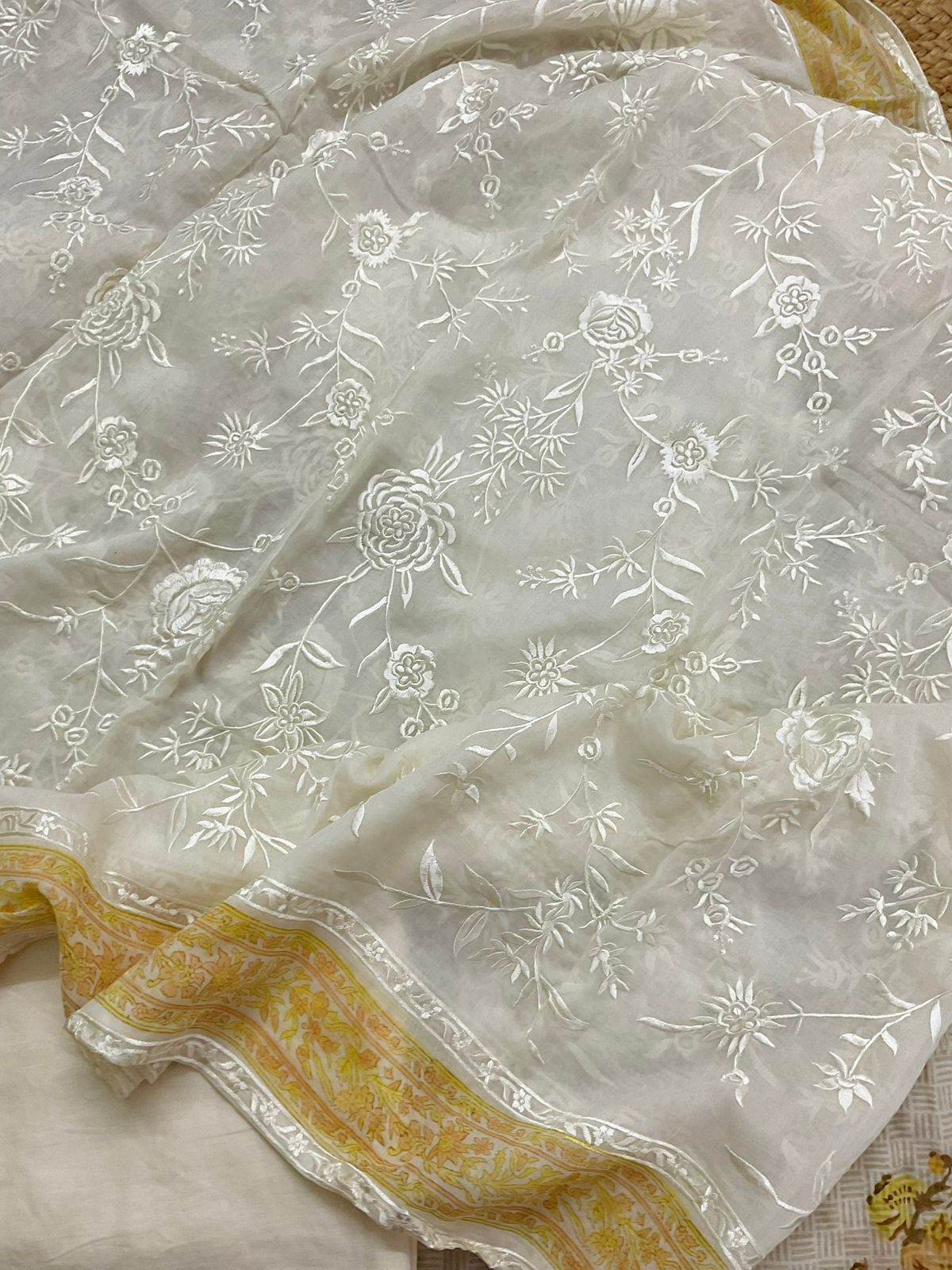Pure Muslin Printed Embroidered Suit - Cream